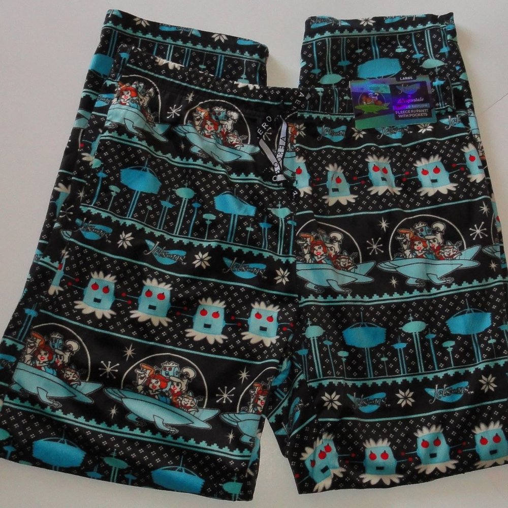 SALE JETSONS Aeropostal Fleece PJ Pants, NEW Mens Large, Black Blue Pocket 1960s